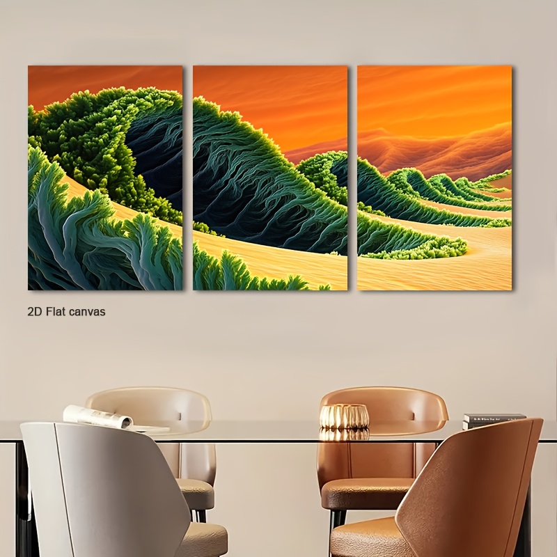 Canvas Wrap Ready - 3pcs Green Wave Terrai Abstract Wall